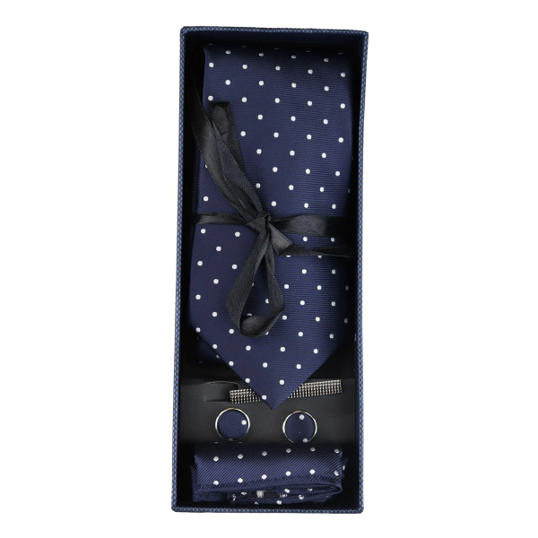 Dotted Navy Neck Tie Gift Set Pocket Square Cuff Links Tie Pin Polka Dot Satin