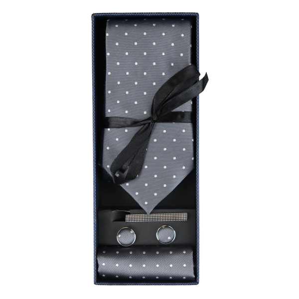 Dotted Silver Neck Tie Gift Set Pocket Square Cuff Links Tie Pin Polka Dot Satin