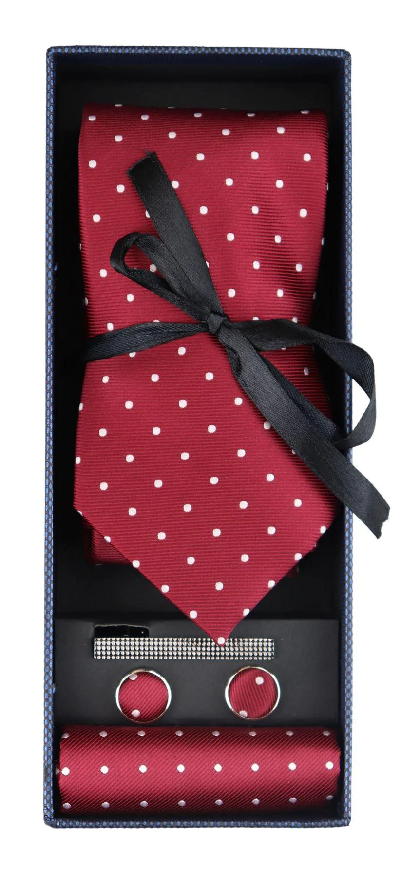 Dotted Wine Neck Tie Gift Set Pocket Square Cuff Links Tie Pin Polka Dot Satin