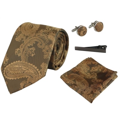 Paisley Neck Bronze Tie Gift Set Pocket Square Cuff Links Tie Floral Satin