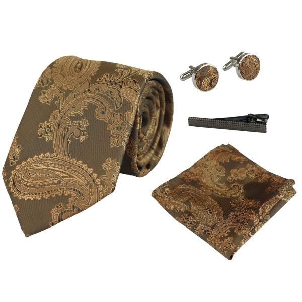 Paisley Neck Bronze Tie Gift Set Pocket Square Cuff Links Tie Floral Satin