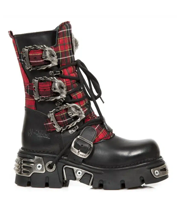 New Rock 391T-S1 Black Leather Tartan Gothic Boots Punk EMO Military