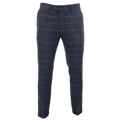 Mens Navy Blue Wine Trousers Check Herringbone Tweed Vintage New Marc Darcy