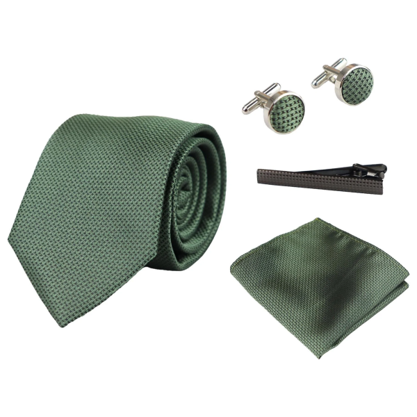 Satin Silk Textured Green Tie Gift Set Pocket Square Cuff Links Tie Matt Satin