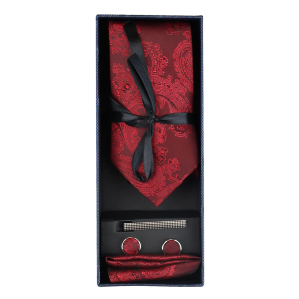 Paisley Neck Red Tie Gift Set Pocket Square Cuff Links Tie Floral Satin
