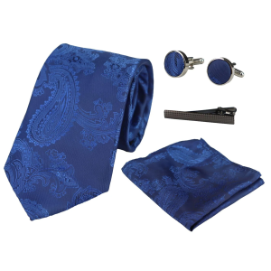 Paisley Neck Blue Tie Gift Set Pocket Square Cuff Links Tie Floral Satin