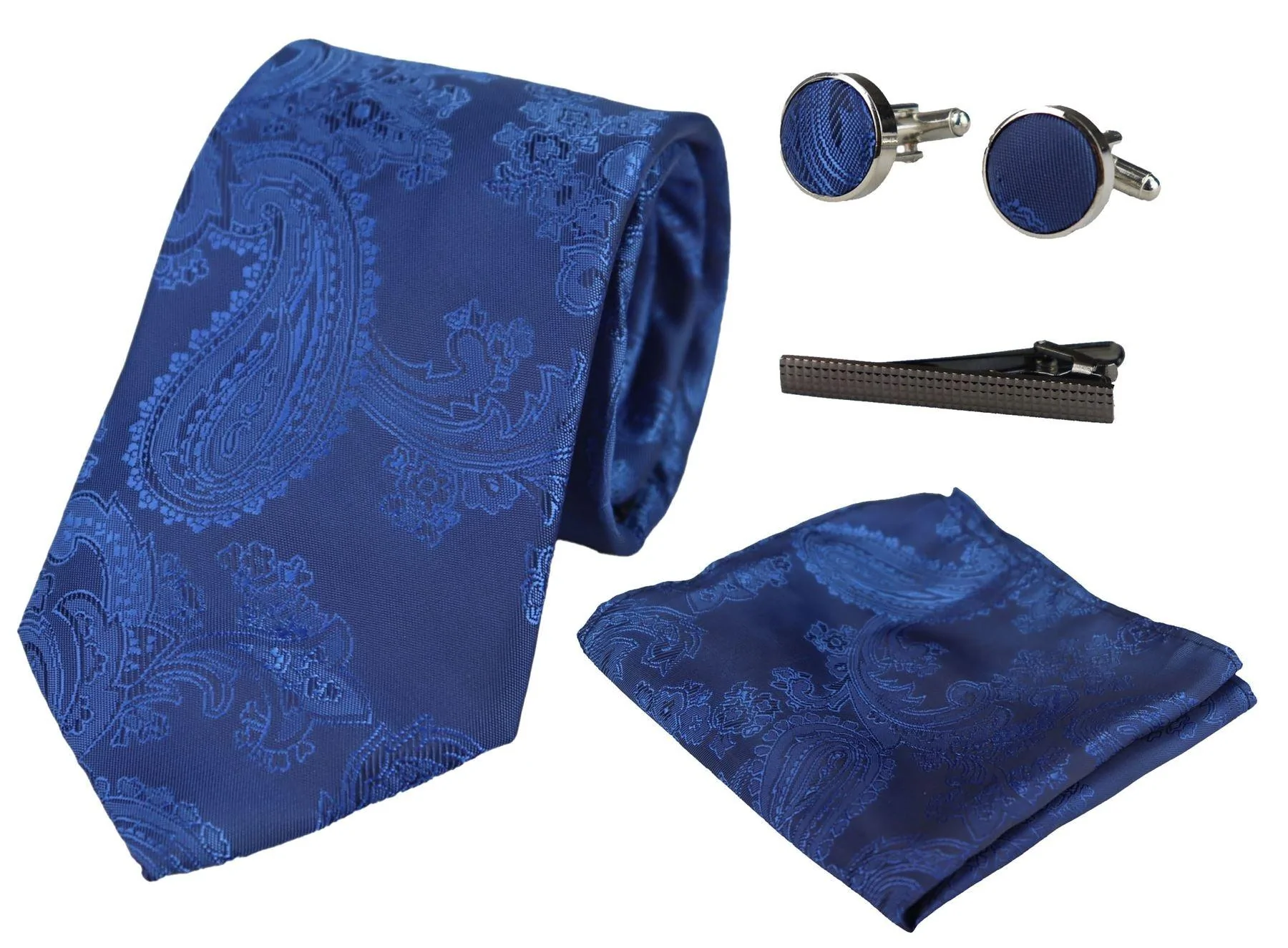 Paisley Neck Blue Tie Gift Set Pocket Square Cuff Links Tie Floral Satin