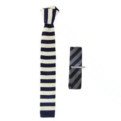 Mens Knitted Tie Hankie & Pin Set Navy Cream Striped Smart Formal Neck Tie