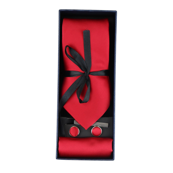 Satin Silk Red Tie Gift Set Pocket Square Cuff Links Tie Shiny Satin