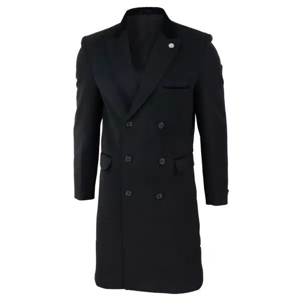 Mens 3/4 Long Double Breasted Black Overcoat