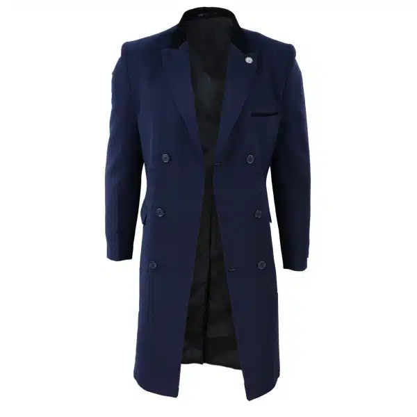 Mens 3/4 Long Double Breasted Navy Overcoat
