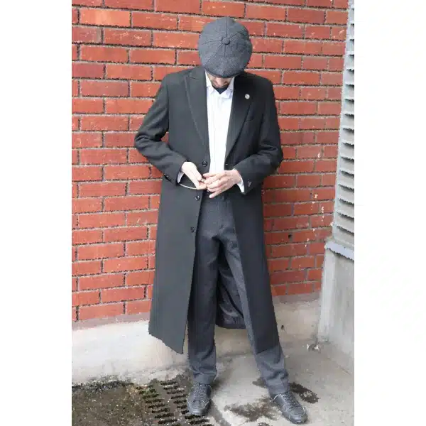 Mens Full Lenth Overcoat Mac Jacket Wool Feel Charcoal 1920s Blinders