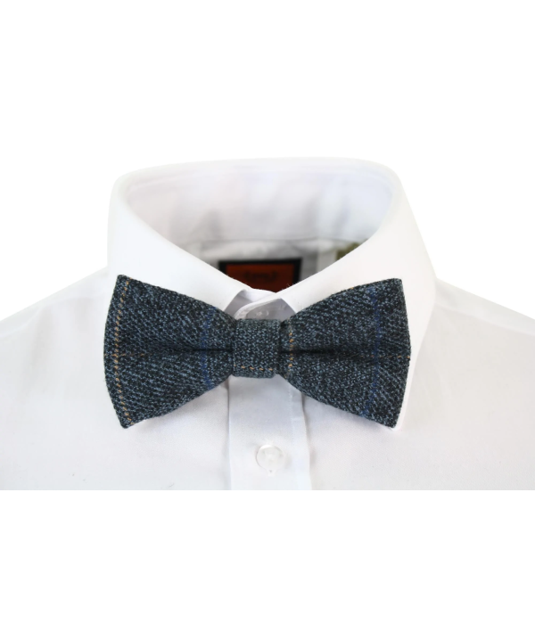 Mens Tweed Blue Herringbone Textured Marc Darcy Bow Ties Vintage Retro