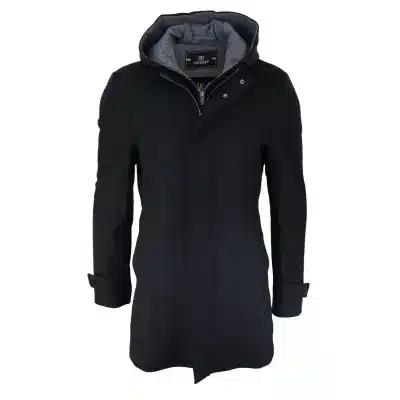Herren 3/4 langen Mantel Schwarz Jacke Mantel abnehmbare Kapuze Smart Casual Winter Warm Wolle