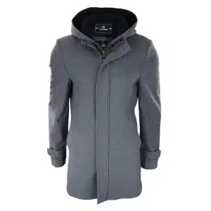Herren 3/4 langer Mantel Grau Jacke Mantel Abnehmbare Kapuze Smart Casual Winter Warm Wolle