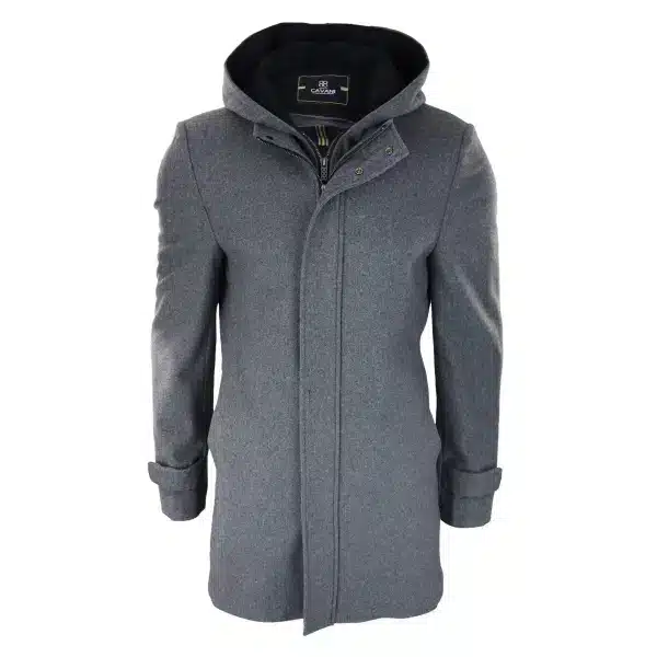 Mens 3/4 Long Overcoat Grey Jacket Coat Removable Hood Smart Casual Winter Warm Wool
