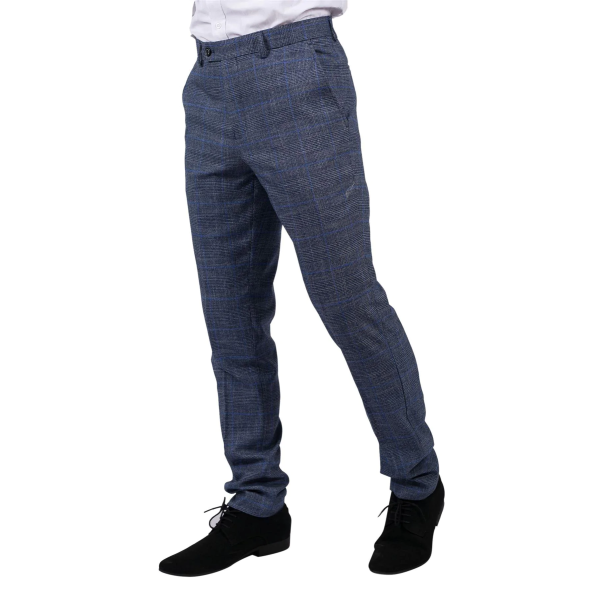 Mens Trousers Blue Prince Of Wales Check Tailored Fit Summer Classic Vintage