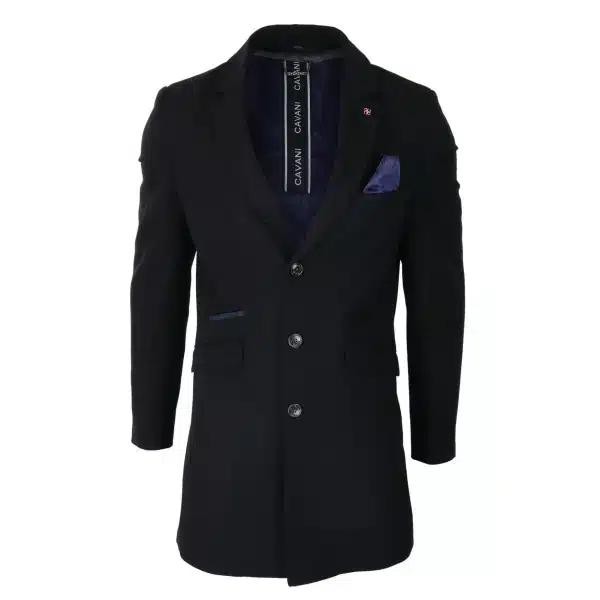 Cavani Mens Classic 3/4 Length Black Overcoat
