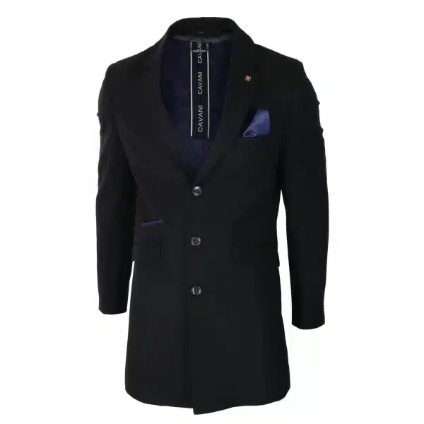 Cavani Mens Classic 3/4 Length Black Overcoat
