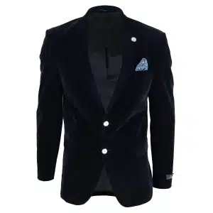Mens Velvet Blazer Suit Jacket 2 Button Dinner Smart Casual Formal Tailored Fit – Black
