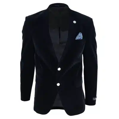 Mens Velvet Blazer Suit Jacket 2 Button Dinner Smart Casual Formal Tailored Fit - Black