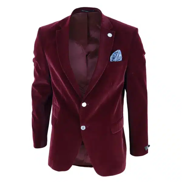 Mens Velvet Blazer Suit Jacket 2 Button Dinner Smart Casual Formal Tailored Fit - Wine