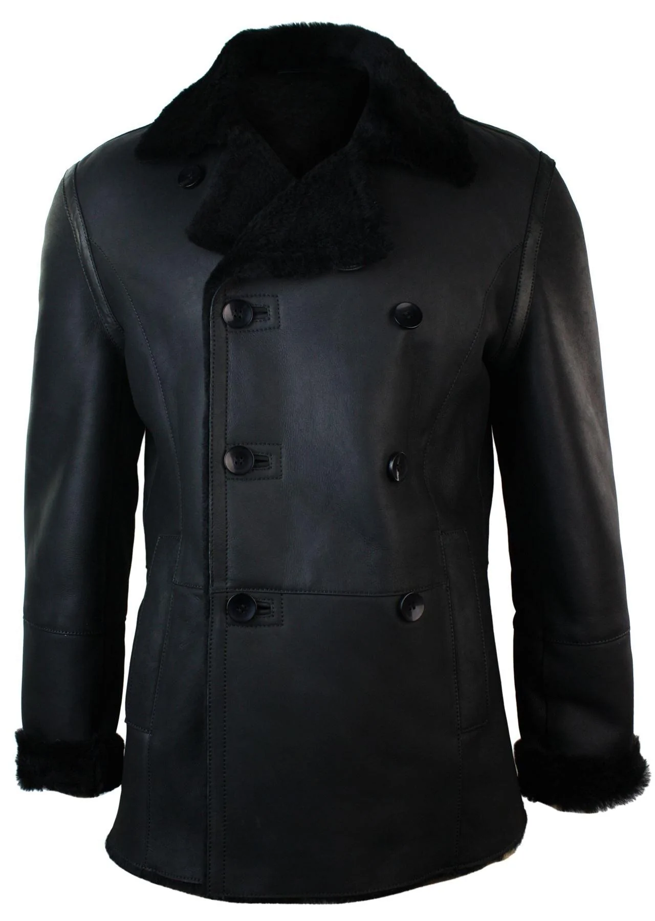 Mens Real Shearling German Navy Sheepskin Double Breasted Jacket Black Fitted