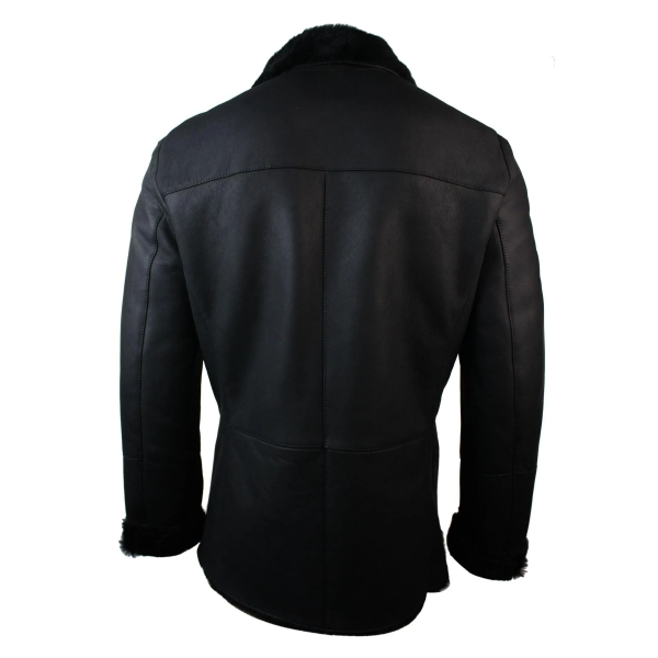 Mens Real Shearling German Navy Sheepskin Double Breasted Jacket Black Fitted