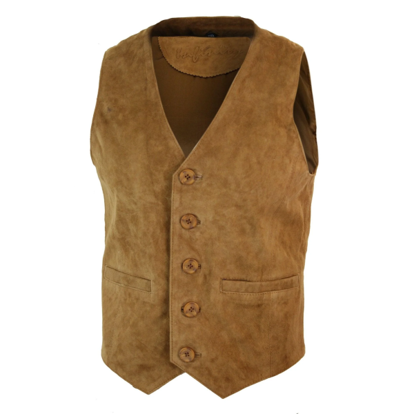 Mens Waistcoat Gilet Real Genuine Suede Leather Retro Vintage Western Vest Tan Brown