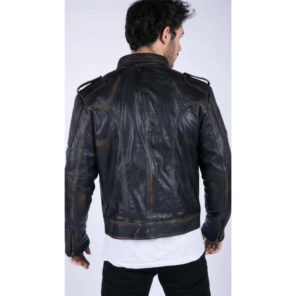Mens Retro Real Leather Black Brown Washed Racer Jacket Biker Zipped Slim
