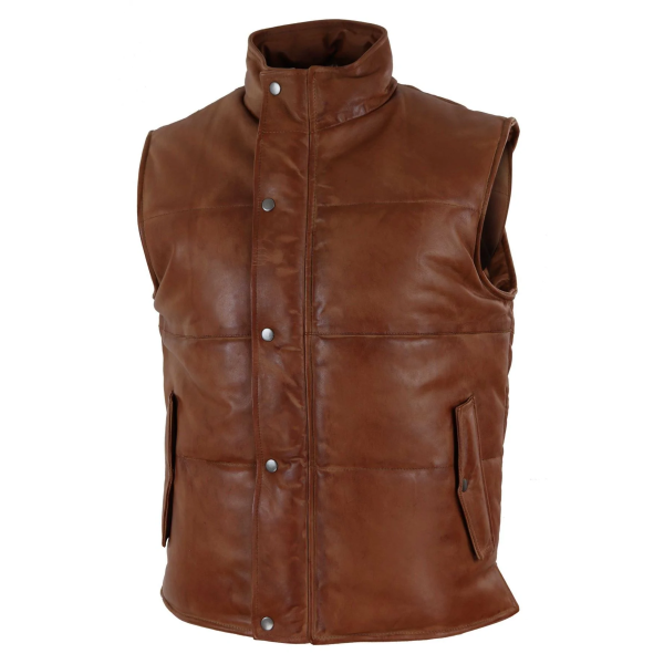 Mens Real Leather Waistcoat Gilet Quilted Puffer Design Warm Zip Casual Tan