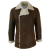 Mens Real Shearling German Navy Sheepskin Double Breasted Jacket Vintage Brown