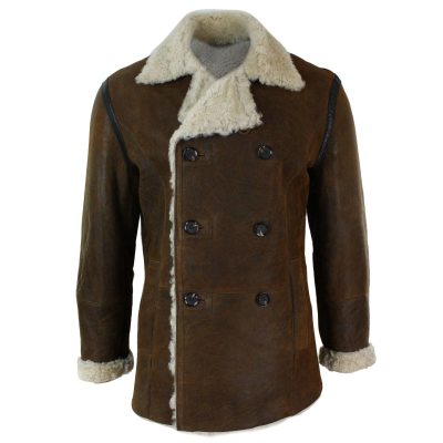 Mens Real Shearling Deutsch Marine Schaffell Double Breasted Jacke Vintage braun