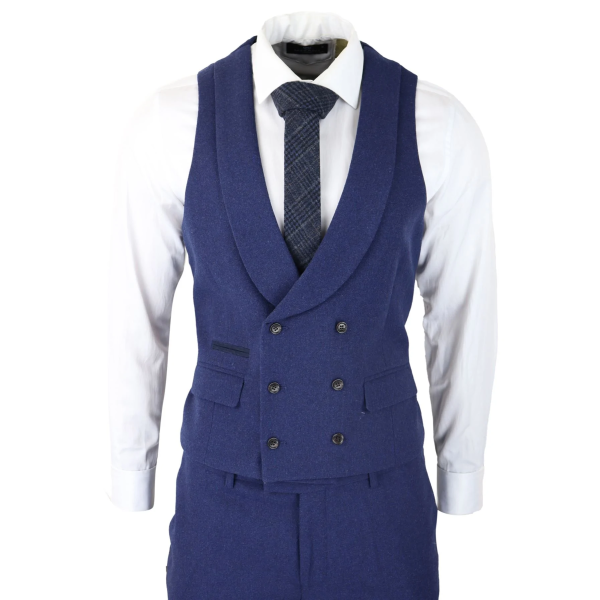 Mens Wool 3 Piece Blue Suit Double Breasted Waistcoat Wedding Party Vintage 1920s