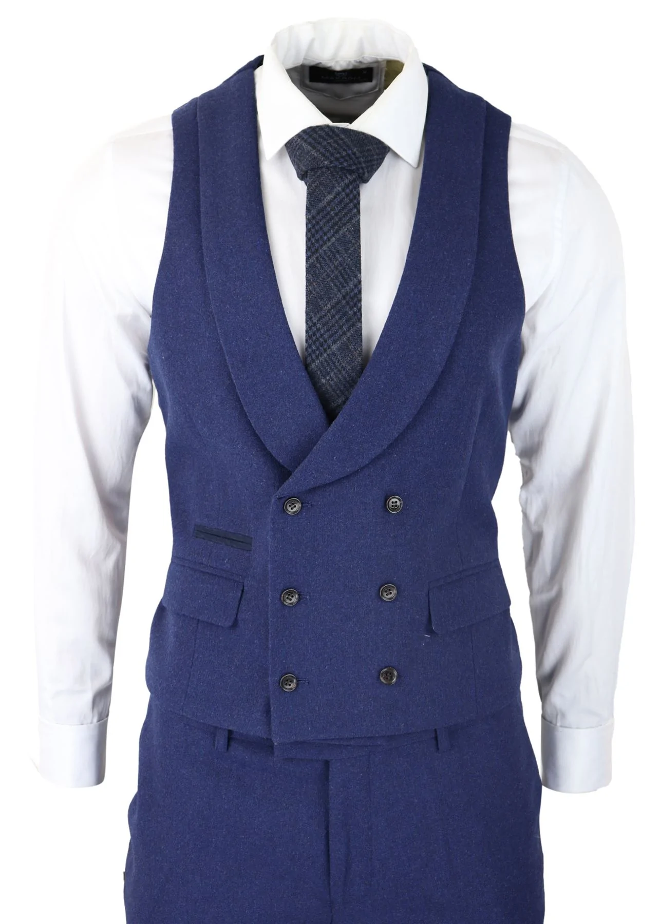 Blue Checkered wool 1 Button 3 piece Suit with pocket square and lapeled  double breasted Waistcoat