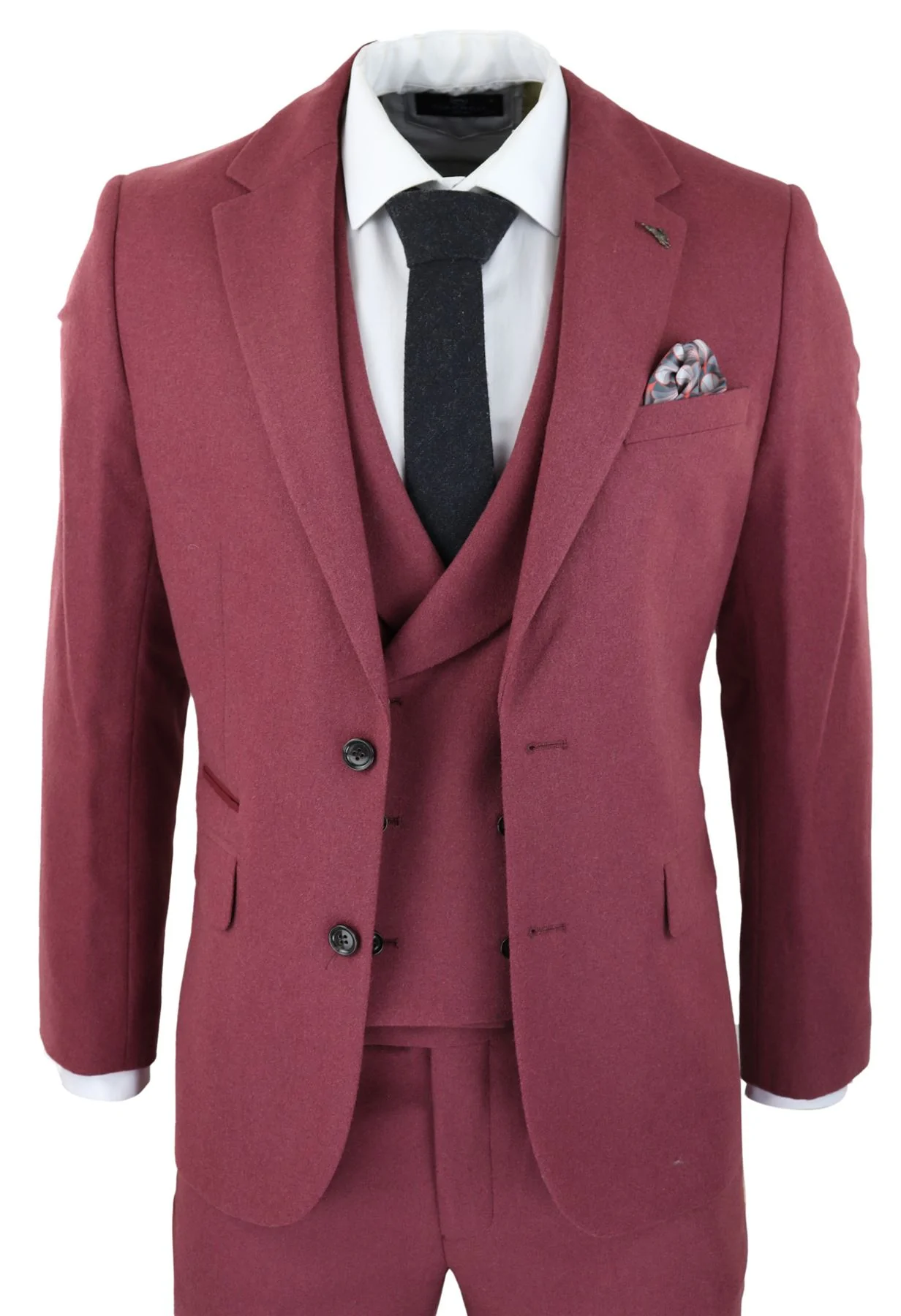 Mens Wool 3 Piece Burgundy Red Suit Double Breasted Wedding Party ...