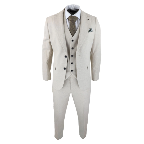 Mens Wool 3 Piece Cream Beige Suit Slim Fit Classic Wedding Party Vintage 1920s