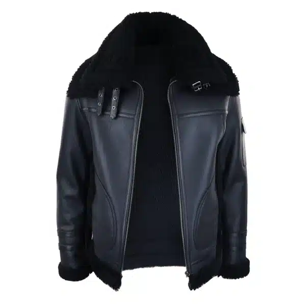 Mens Shearling Sheepskin Coat Zipped Flying Jacket Black Winter Warm Fur