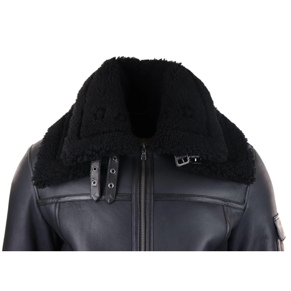 Mens Shearling Sheepskin Coat Zipped Flying Jacket Black Winter Warm Fur