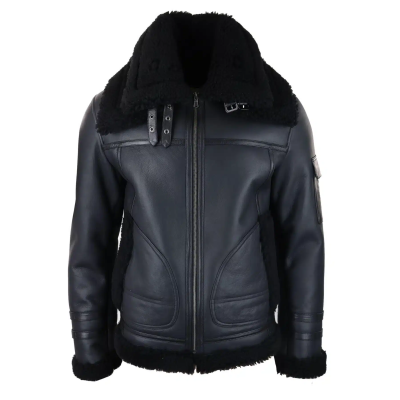 Mens Shearling Sheepskin Coat Zipped Flying Jacket Black Winter Warm Fur