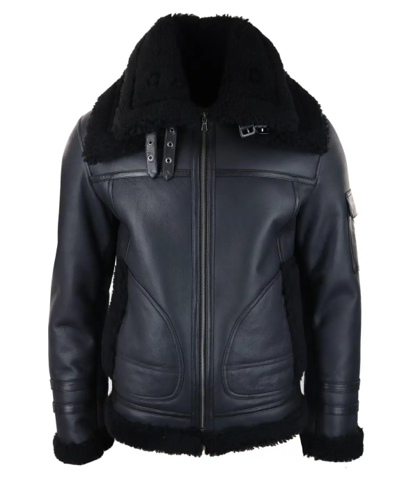 Mens Shearling Sheepskin Coat Zipped Flying Jacket Black Winter Warm Fur