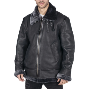 Mens Genuine Sheepskin Leather B3 Flying Aviator Jacket Black Grey Fur