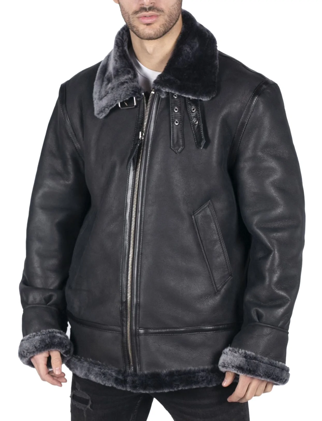 Mens Genuine Sheepskin Leather B3 Flying Aviator Jacket Black Grey Fur ...