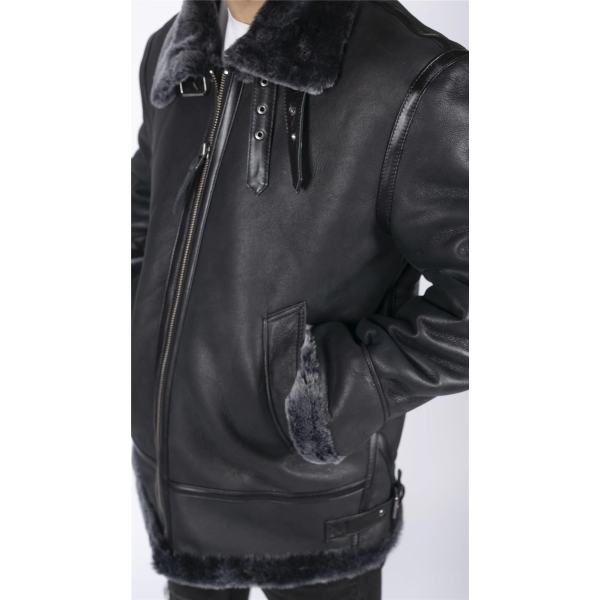 Mens Genuine Sheepskin Leather B3 Flying Aviator Jacket Black Grey Fur