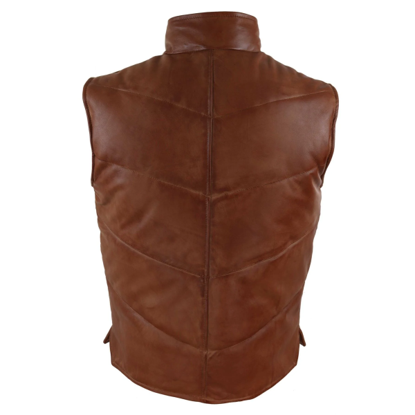 Mens Real Leather Waistcoat Gilet Quilted Puffer Design Warm Zip Casual Tan