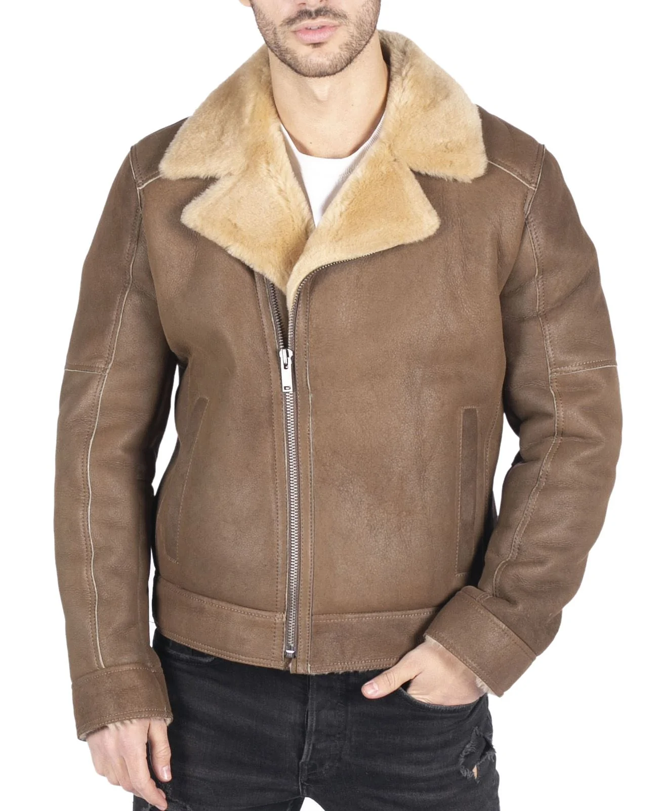 Distressed Brown Mens Shearling Faux Aviator Leather Jacket