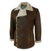 Mens Real Shearling German Navy Sheepskin Double Breasted Jacket Vintage Brown