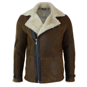 Mens Winter Real Sherling Vintage Sheepskin Tan Brown Fitted Jacket Cross Zip