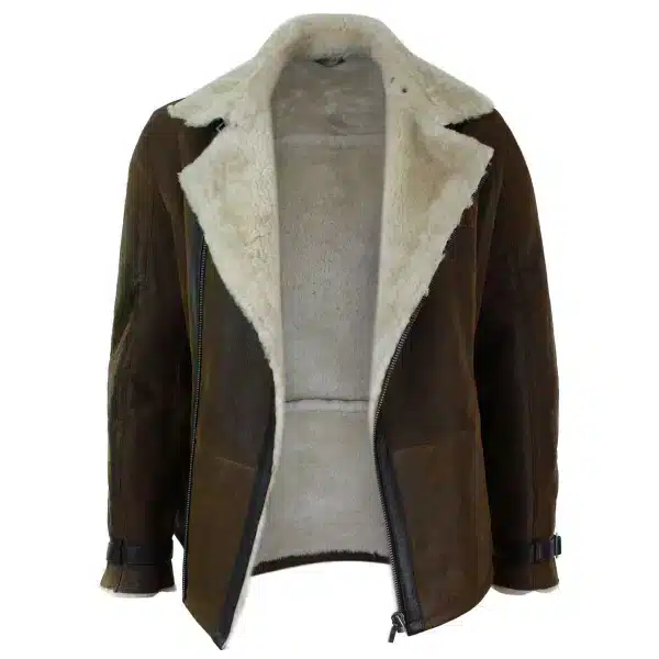 Mens Winter Real Sherling Vintage Sheepskin Tan Brown Fitted Jacket Cross Zip