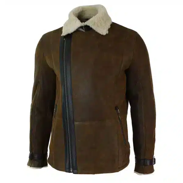 Mens Winter Real Sherling Vintage Sheepskin Tan Brown Fitted Jacket Cross Zip